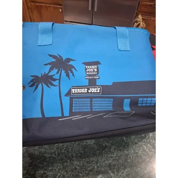 2- Trader Joe’s Insulated Tote Bags - 8 Gallon Blue - Lg Black Red Embroidered - Picture 2 of 13